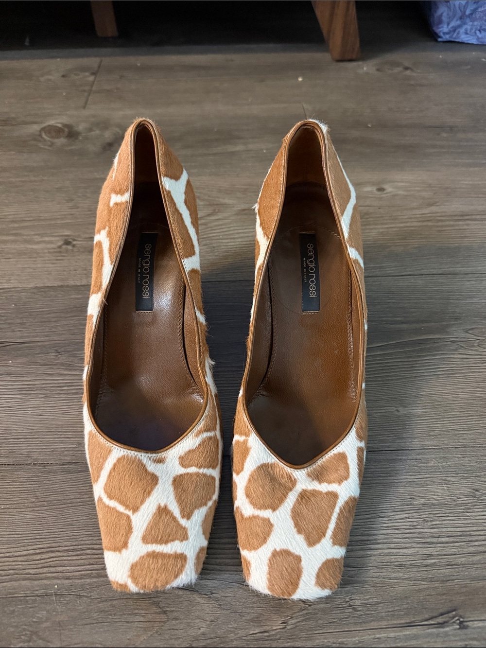 Sergio Rossi Tan & White Giraffe-Print Square-Toe Wedges